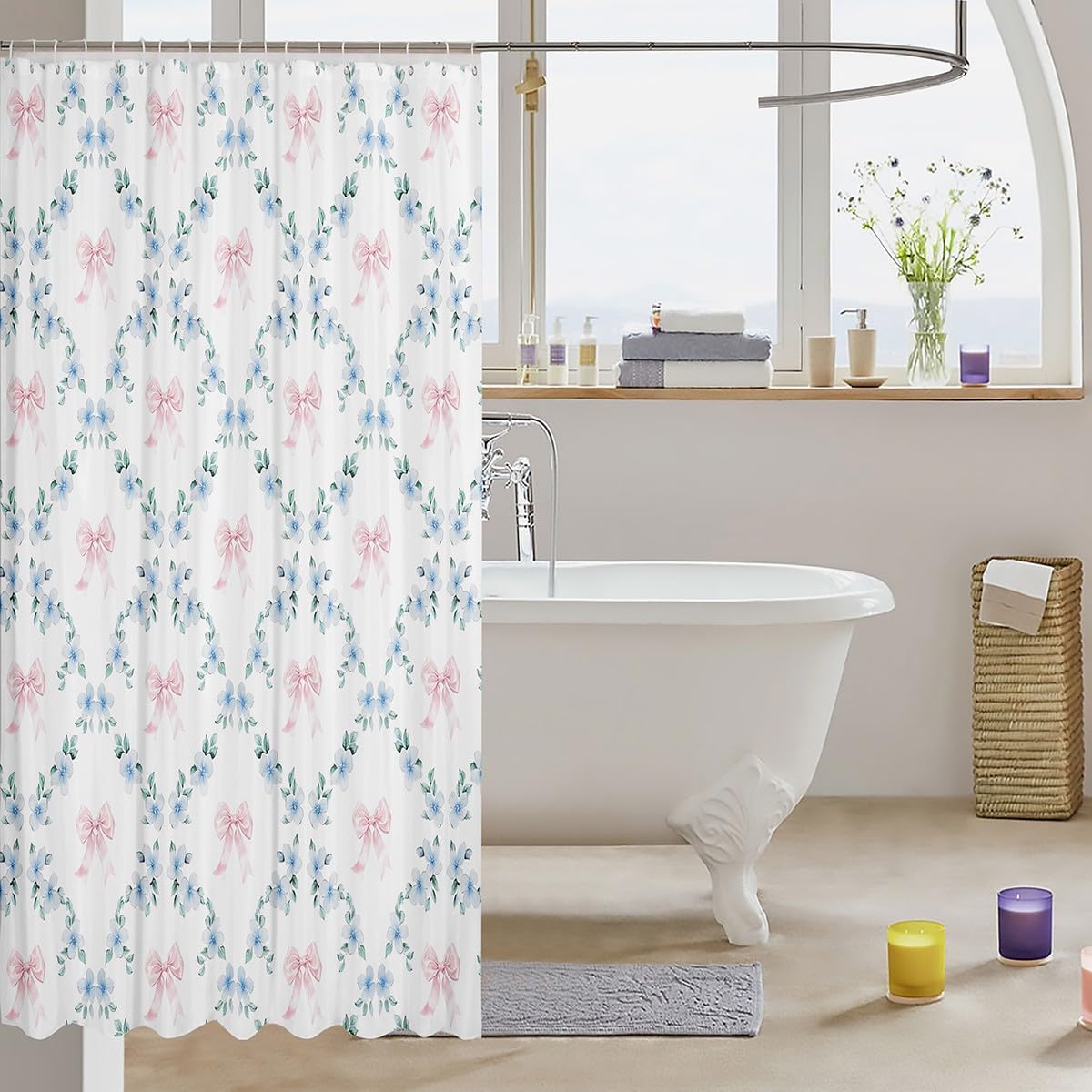 Erosebridal Pink Kawaii Ribbon Bow 72" Wx72 L Shower Curtain for Kids Girls Teen Adults,Blue Flowers Plaid Bowknot Bath Curtain Cute Girly Bow Bathroom Curtains Plant Floral Leaves Bathtub Curtains
