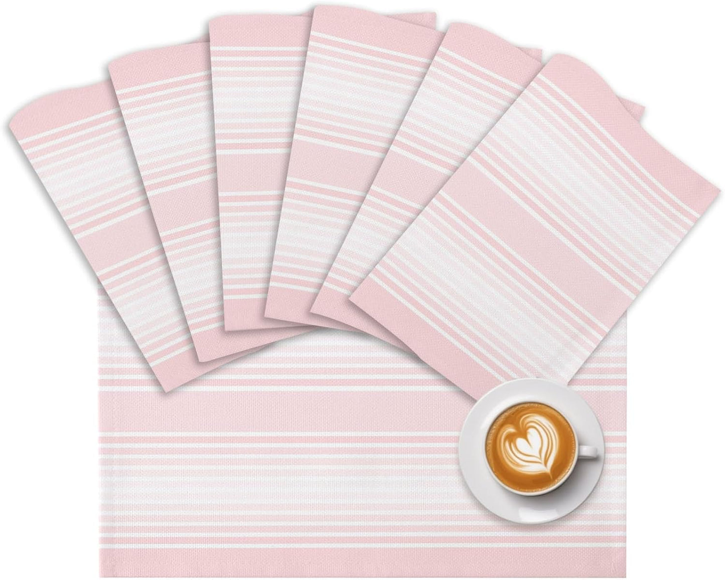 Pink Striped Placemats Set of 6, Cotton Linen Fabric Place Mats, Pink Ombre Farmhouse Stripes Washable Decorative Table Mats Protector for Home Kitchen Dining Wedding Party Coffee Tables