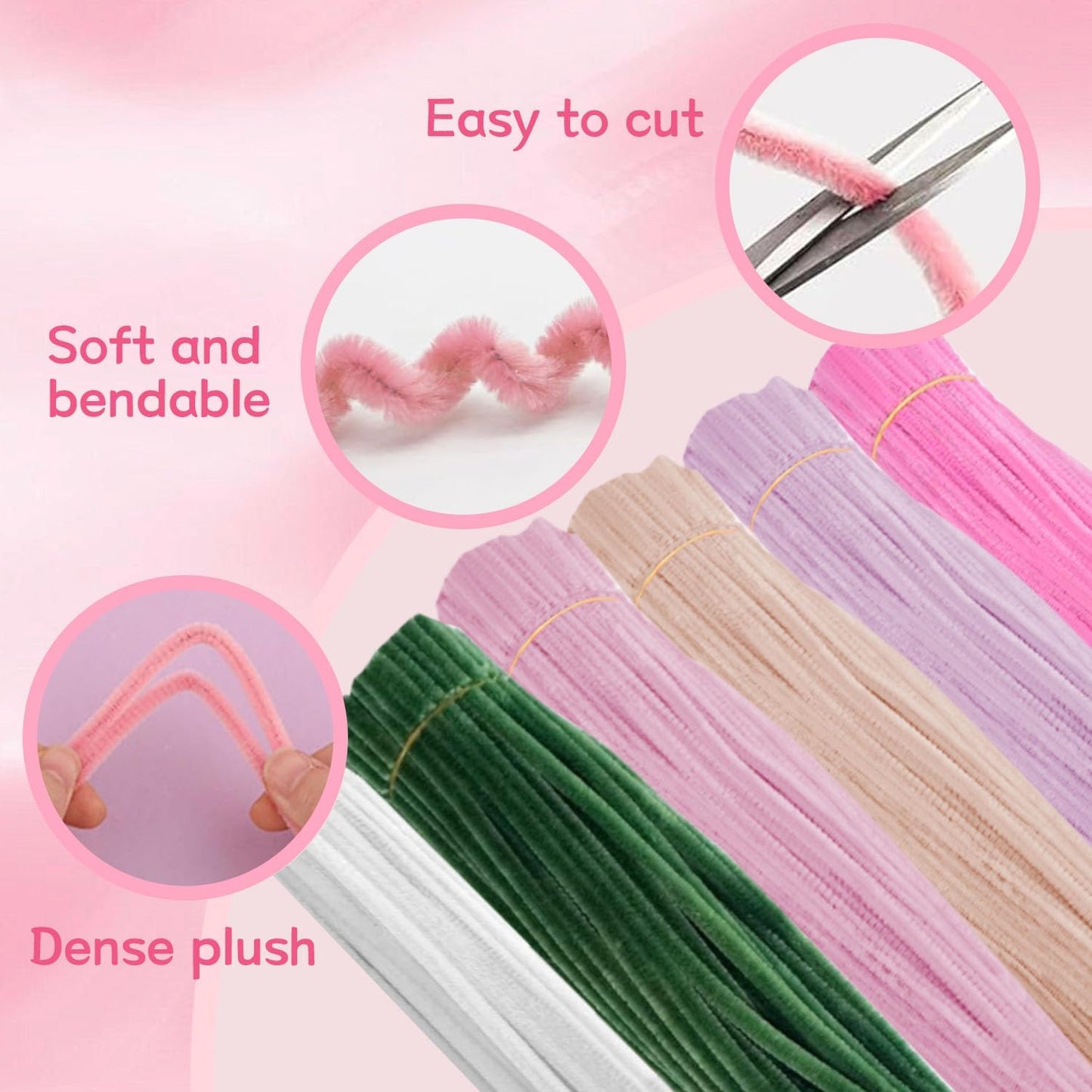 500 Pcs Pipe Cleaners Craft，Pipe Cleaner Bulk Flower Kit，6 Colors Chenille Stems Flower Kit for DIY Handmade Whit Ribbons，Stems,Tape，Stamens, Glue Sticks，Gift for Art Project Activity (Pink)