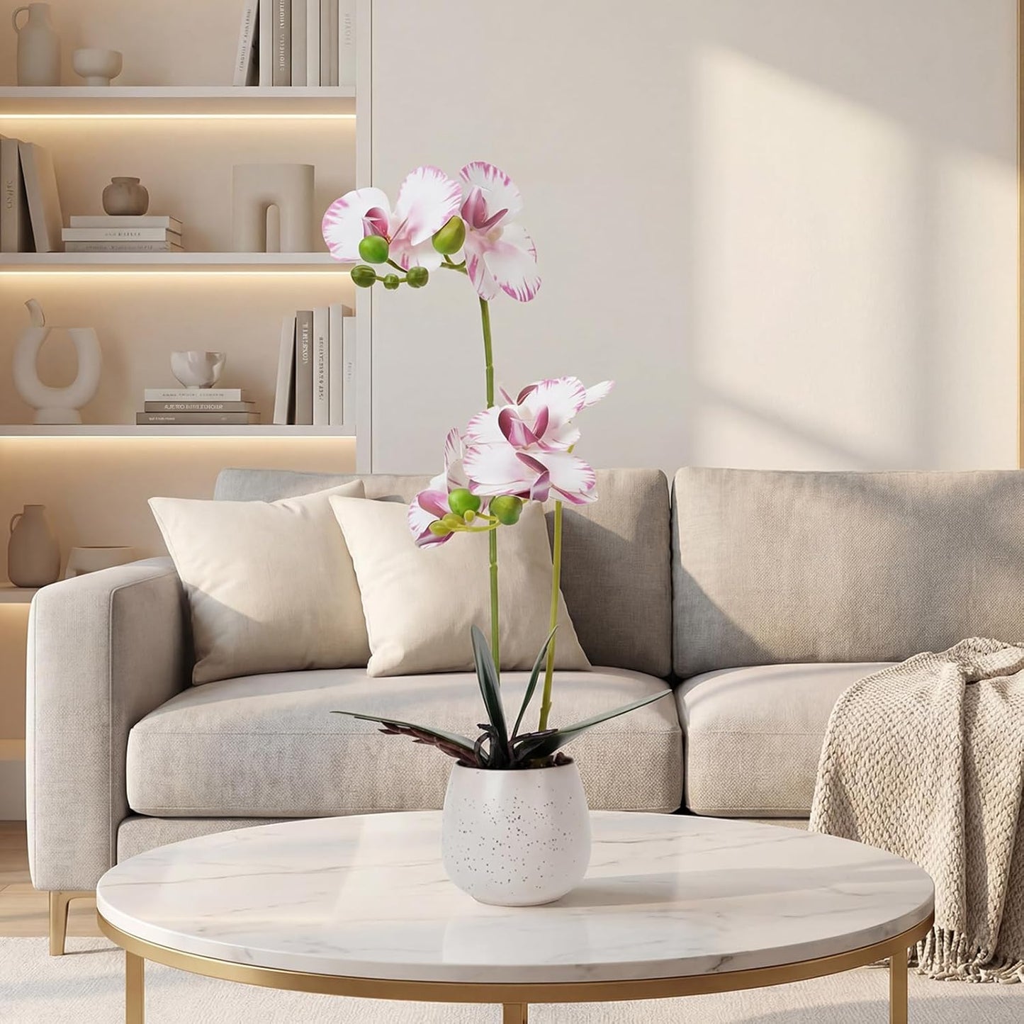 Fake Orchid in Vase Artificial Orchids That Look Real with Pot Artificial Flowers for Home Decor (Pink)