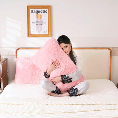 Faux Fur Fluffy Fuzzy Plush Pink Pillow Case Set of 2, Soft Decorative Pillow Covers for Bed, Bedroom, Living Room, Zipper Closure, Standard Size (20"x26", Pink)
