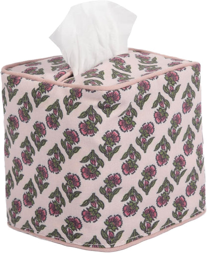 3Pcs Pink Flower Cotton Tissue Box Cover Hand Block Printed 5" x 5" x 5.5" Square Soft Reusable Floral Napkin Holder for Home Kitchen Dining Bathroom Office Cafe (Pink)