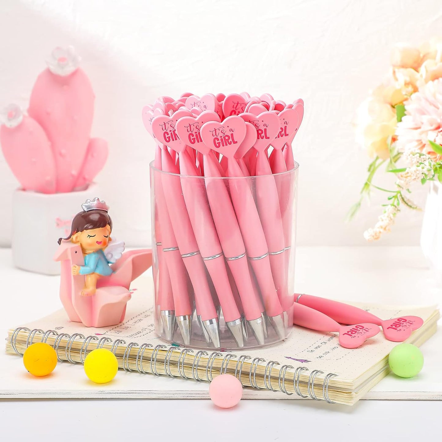 Outus 48 Pcs Pink Baby Shower Pens Bulk Ballpoint Pens It's a Girl Favors Supplies for Guests Baby Shower Birth Announcement Gifts