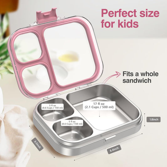 HOMEKOL Stainless Steel Bento Lunch Box, 3-Compartment Leak-Proof Lunch Container for Kids & Adults, BPA/BPS-Free 304 Metal Food Box, Dishwasher Safe, Clear Tritan Lid, Pink (Not Insulated)