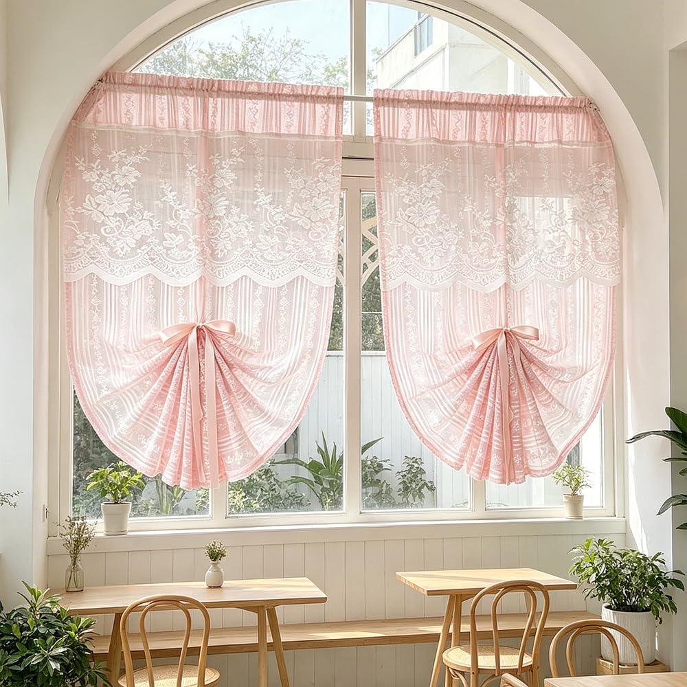 2PC Pink Floral Lace Tie Up Curtain Adjustable Roman Balloon Sheer Valance | Striped Embroidery Semi Transparent Window Curtain, Rod Pocket Lace Drape for Kitchen Arch Door Cafe Balcony Gazebo Decor
