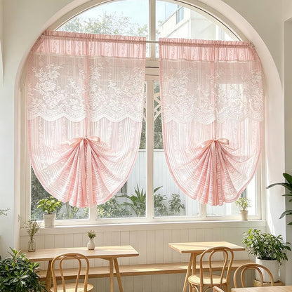 2PC Pink Floral Lace Tie Up Curtain Adjustable Roman Balloon Sheer Valance | Striped Embroidery Semi Transparent Window Curtain, Rod Pocket Lace Drape for Kitchen Arch Door Cafe Balcony Gazebo Decor