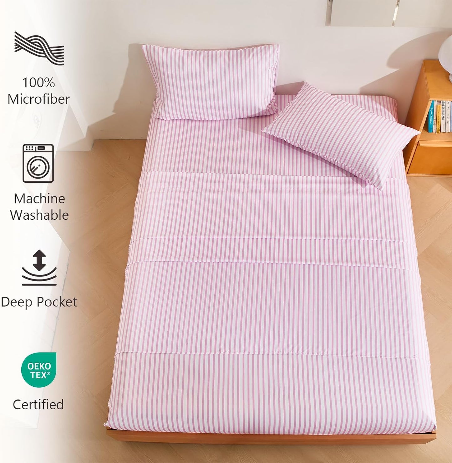 MCO 4Pieces Striped Sheets Set, Breathable King Sheet Set with 16" Deep Pocket,Modern & Luxury, Brushed Microfiber Bedding Set(King, Pink Simple)