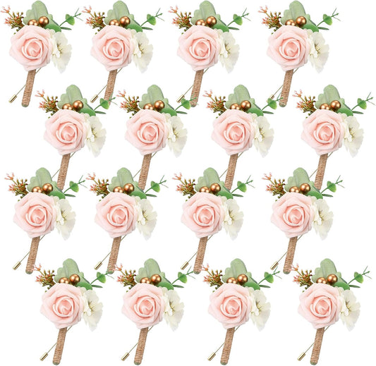Crowye 16 Pcs Boutonniere for Men Wedding with Pins Set Groom and Groomsmen Ceremony Anniversary Corsage Wedding Flowers Artificial Bouquets for Formal Dinner Party Fall Vintage Prom (Blush Pink)