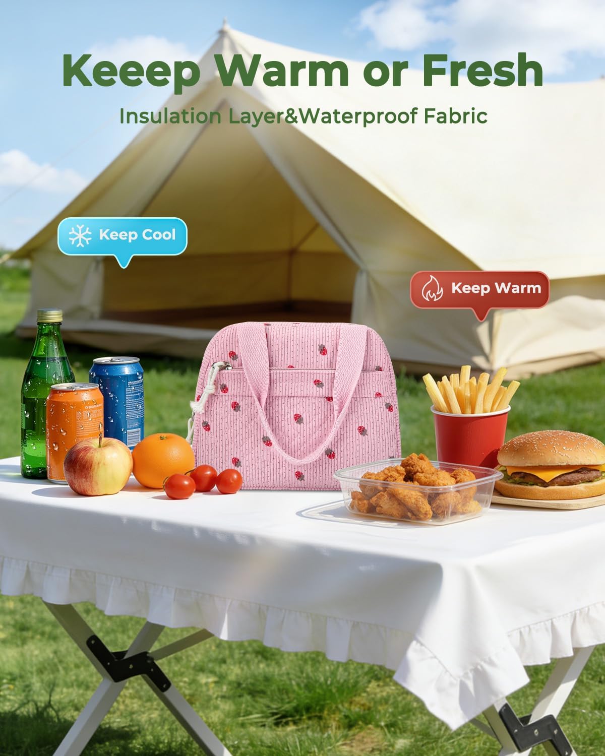 Tuwubi Lunch Box for Women, Cute Corduroy Lunch Bag Insulated Reusable Tote, Water-Resistant Large Capacity Cooler for Work Picnic Travel (M-Pink Strawberry)