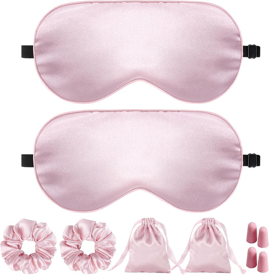 Silk Sleep Mask for Women - 100% Blackout, Super Soft Eye Mask for Side Sleepers, Sleeping Mask with Adjustable Strap, Pink Scrunchies for Women, with Travel Pouch
