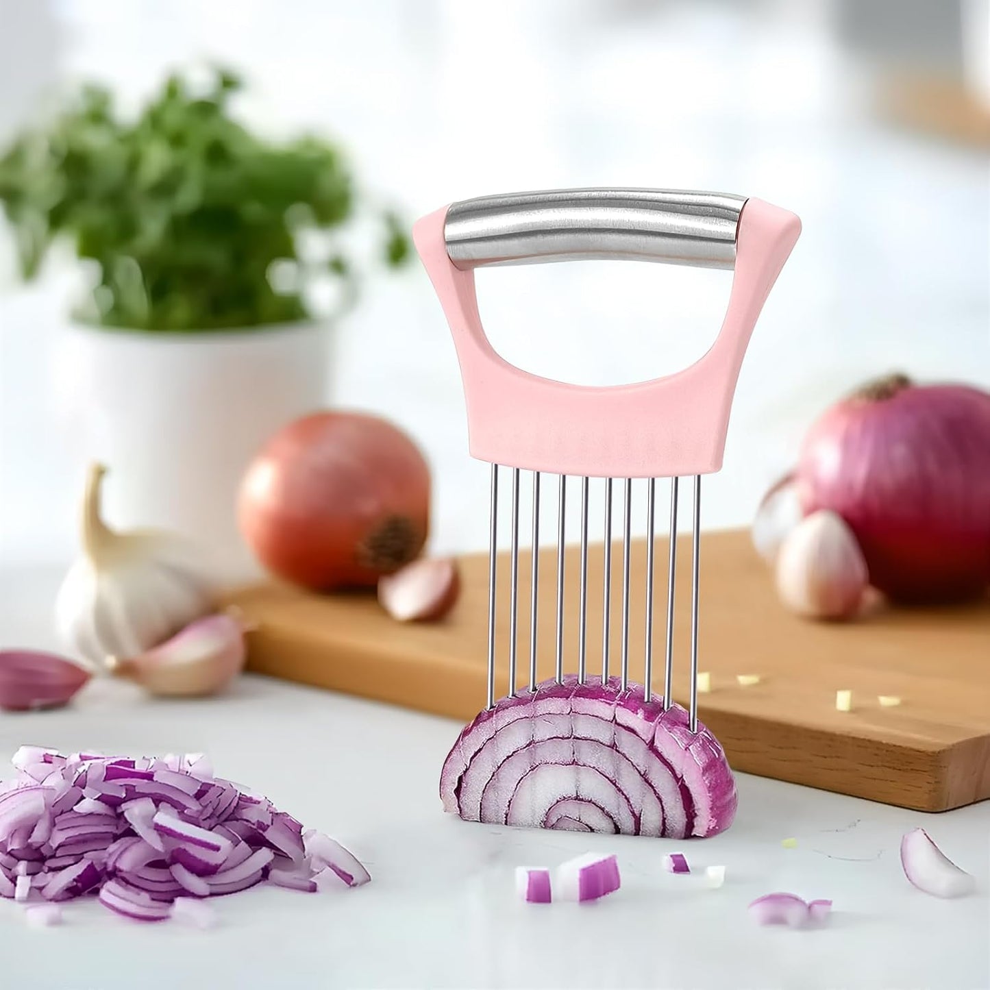 Pink Stainless Steel Onion Holder for Slicing,Onion Slicer Holder, Onion Cutter for Slicing of Onions, Tomatoes,Avocados,Eggs and Other Vegetables,Valentine's Day Gift Kitchen Utensils (Pink)