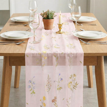 Artoid Mode Wildflower Floral Light Pink Gauze Embroidery Table Runner 120 Inch 10FT, Tulle Seasonal Spring Kitchen Dining Table Decor for Home Party