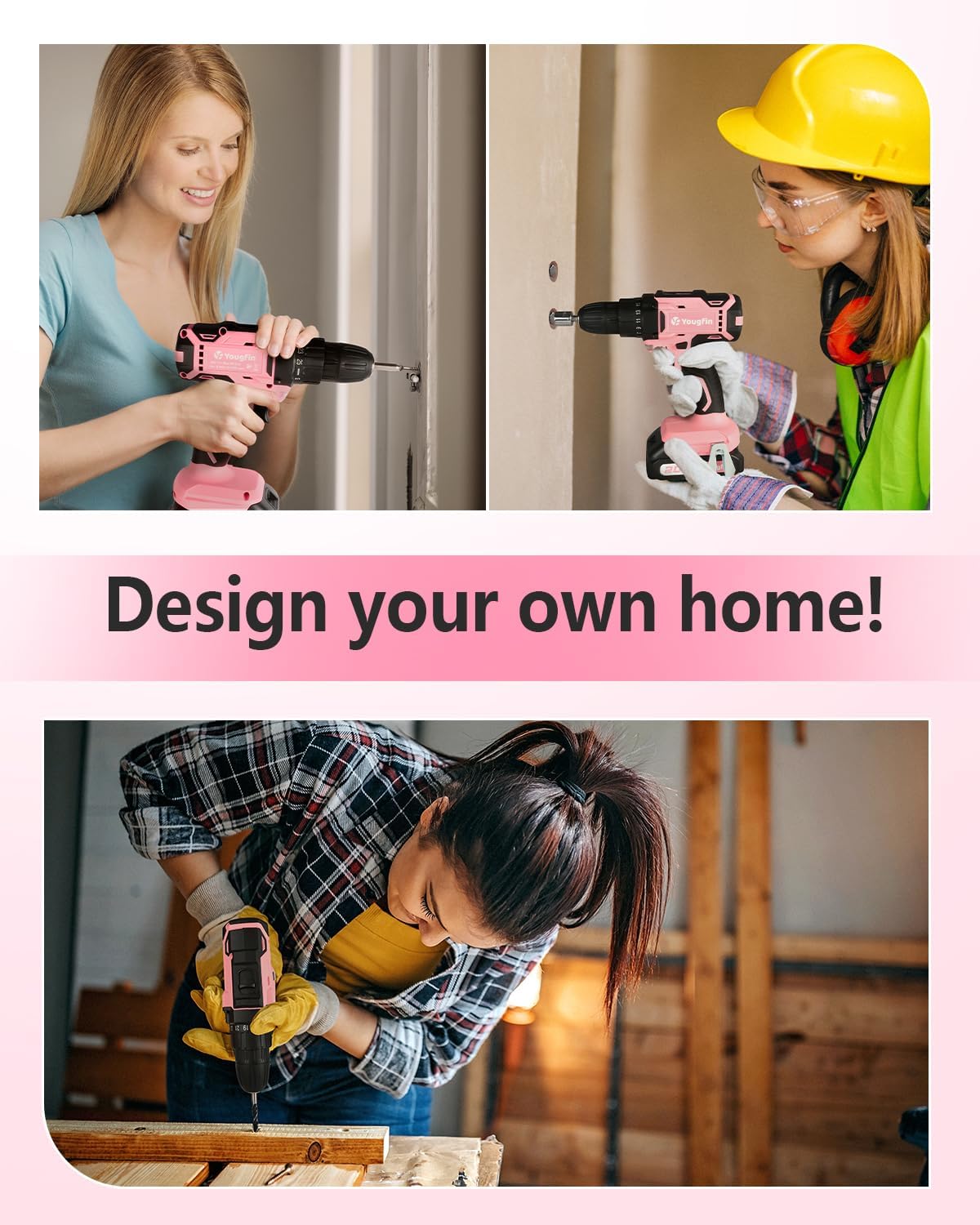 Cordless Drill Driver Set 20V Power with Battery Charger and Carrying Case, 25+1 Torque Electric Drill, Variable Speed, 266 In-lb, 3/8'' Keyless Chuck, 34pcs Driver Bit, for Women, Pink