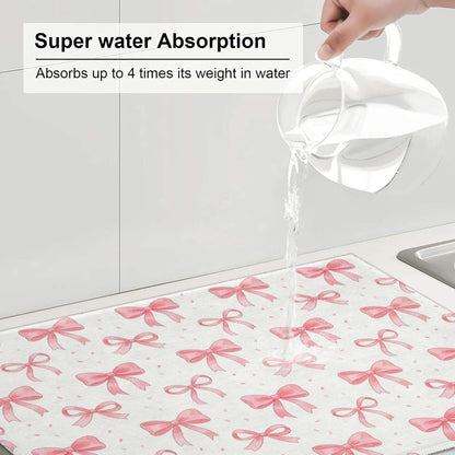 Bow Dish Drying Mat, for Kitchen Counter Microfiber Absorbent, Pink Cute Dish Draining Mat Extra Large 18"x24"