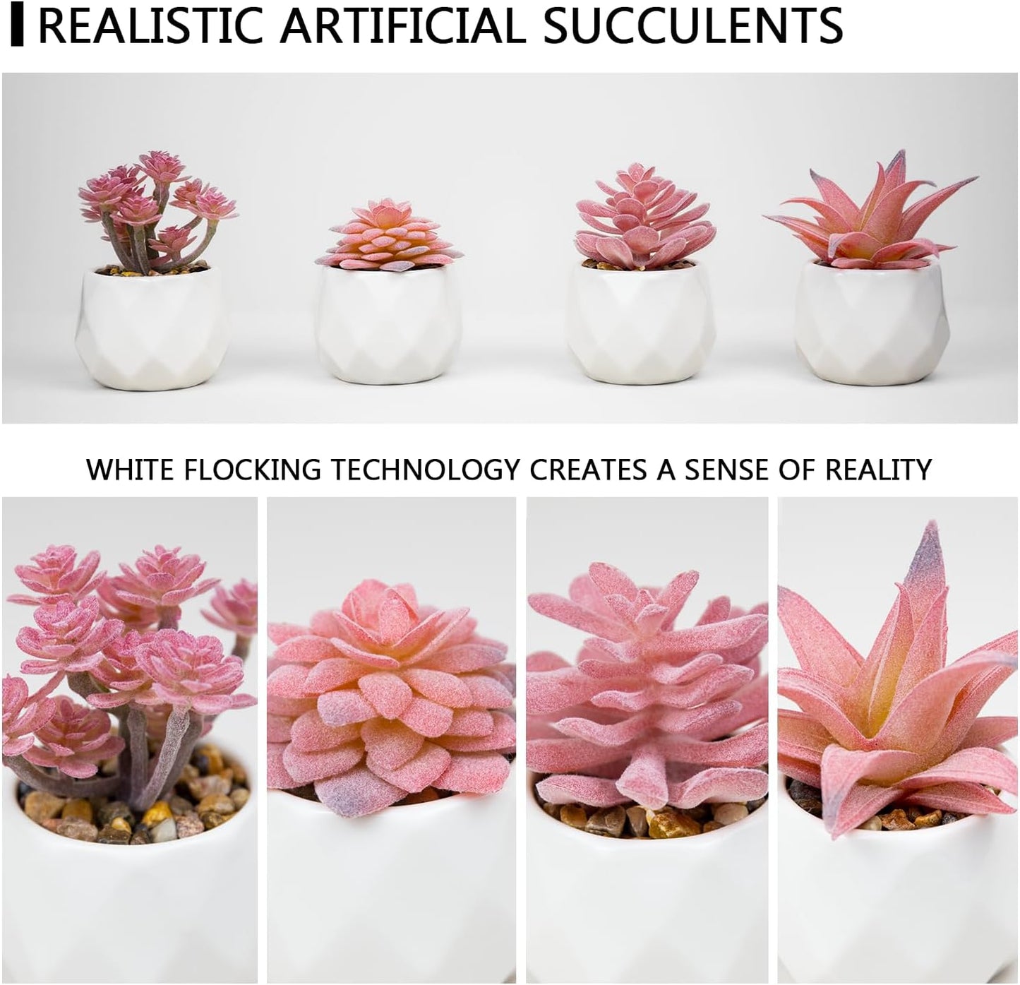 VIVERIE Mini Faux Succulents Plants Artificial in Pots-Rose Pink Desk Accessories, Small Fake Succulents Plants for Home Decor Indoor for Women, White Ceramic, Set of 4