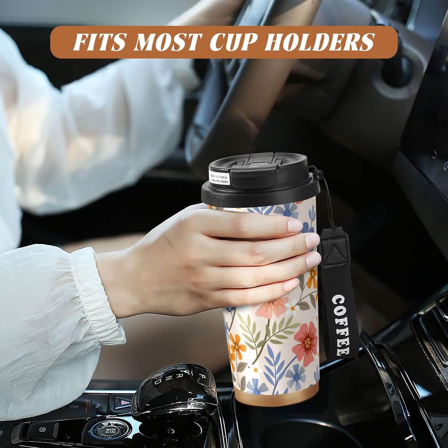Peach And Blue Floral Pattern Portable Thermal Tumbler | Dual Flip Access Lid 316 Stainless Steel Insulated Travel Cup Portable Coffee Tumbler for Road Trips