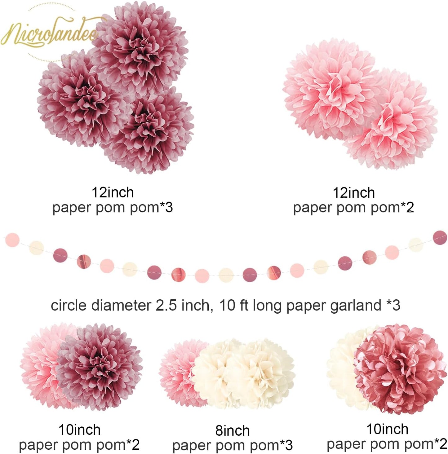 NICROLANDEE 15PCS Dusty Rose Blush Pink Tissue Pom Poms Flowers for Wedding, Bridal Shower, Sweet Birthday, Baby Shower, Engagement, Bachelorettes, Valentine Pink Party Decorations Paper Garland