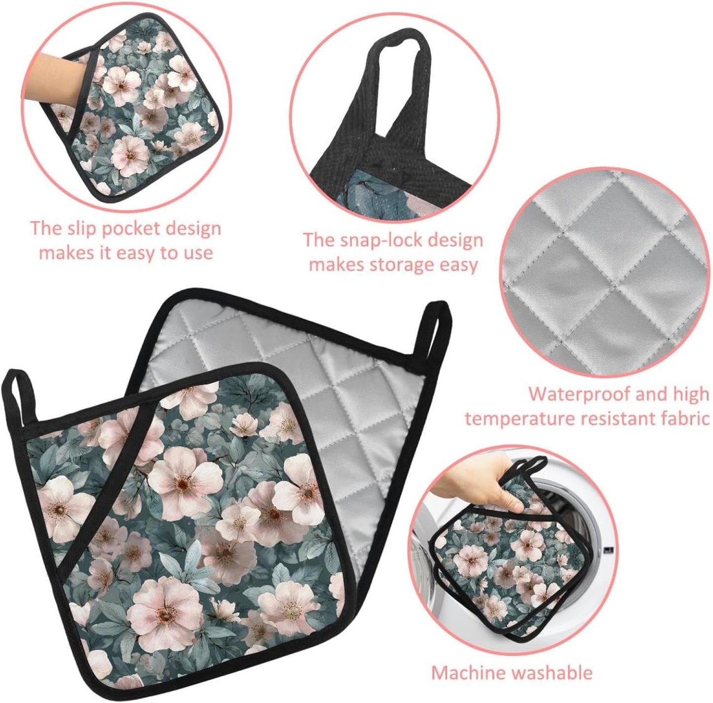 Heat Resistant Pot Holder Set, Light Pink Flowers and Sage Green Leaves Hot Pads Potholder for Kitchen, Washable Oven Mitts for Cooking Baking Pans
