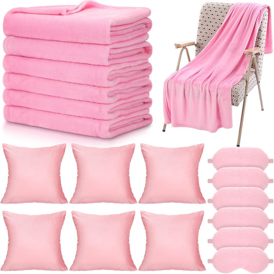 Fanfanwin 18 Pcs Sleepover Party Supplies Set 6 Pcs Fleece Soft Blankets 6 Pcs Velvet Pillows 6 Pcs Faux Rabbit Fur Sleep Eye Mask Sleeping Stuff Accessories for Slumber Spa Favors(Pink)