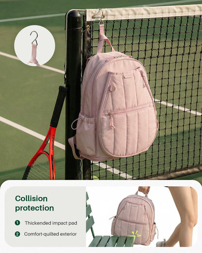 Quilted Tennis Gym Backpack for women Tennis Bag Holds 2 Rackets with Top Panel & Ventilated Shoe Compartment Sports Duffle Bags with Wet Pocket & Fence Hook