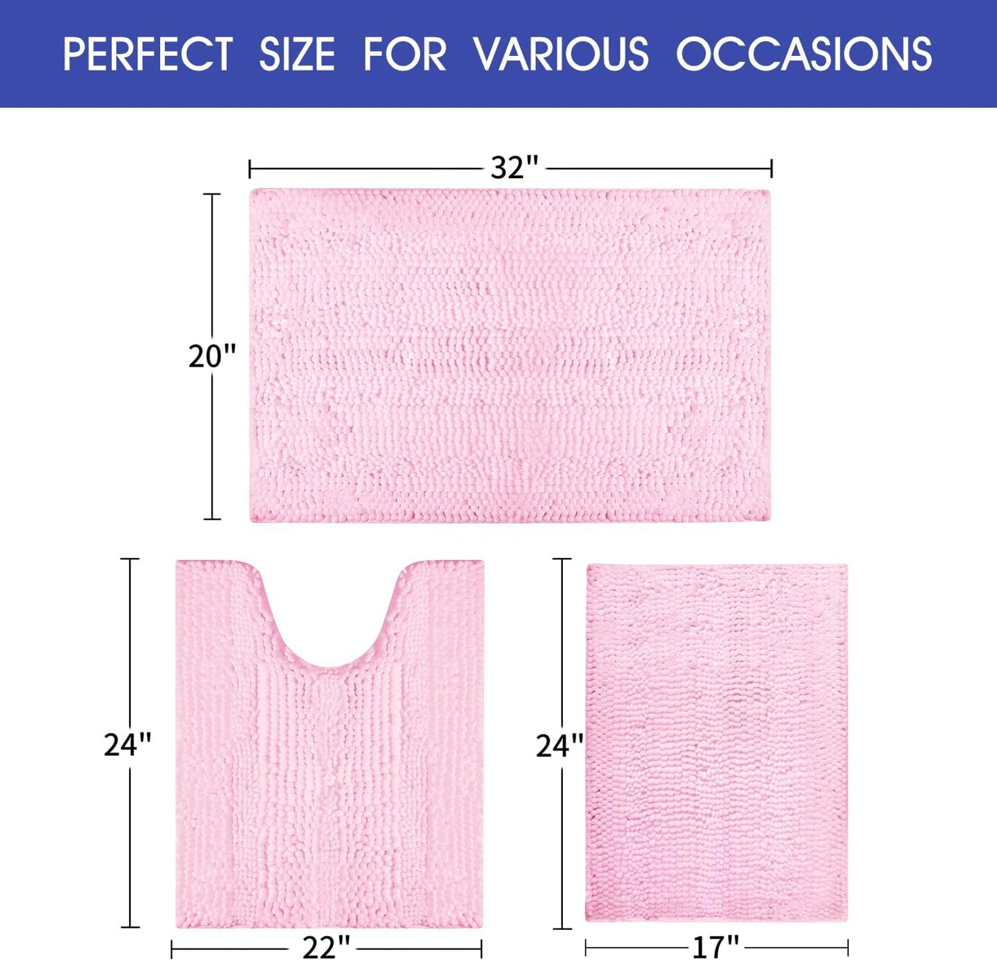 ACCUMTEK Christmas Striped Pink Bathroom Rug Set 3 Pieces Ultra Soft, Non Slip Chenille Toilet Mat, Absorbent Plush Shaggy Bath Mats for Bathroom, Bedroom, Kitchen