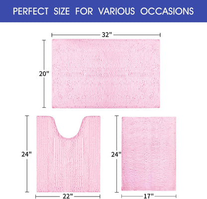 ACCUMTEK Christmas Striped Pink Bathroom Rug Set 3 Pieces Ultra Soft, Non Slip Chenille Toilet Mat, Absorbent Plush Shaggy Bath Mats for Bathroom, Bedroom, Kitchen