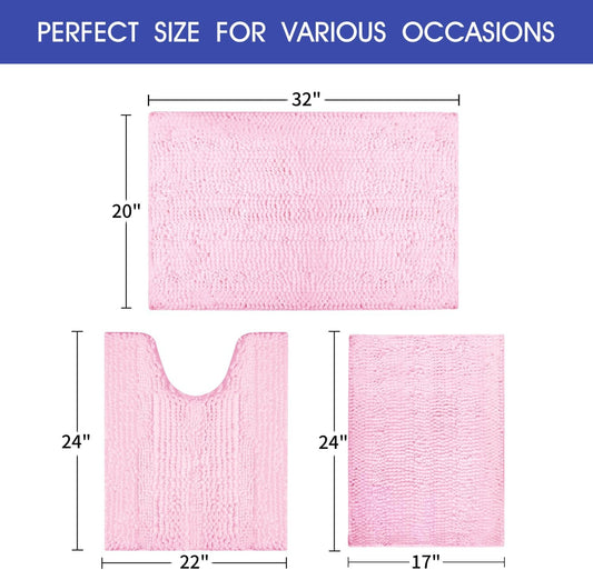 ACCUMTEK Christmas Striped Pink Bathroom Rug Set 3 Pieces Ultra Soft, Non Slip Chenille Toilet Mat, Absorbent Plush Shaggy Bath Mats for Bathroom, Bedroom, Kitchen