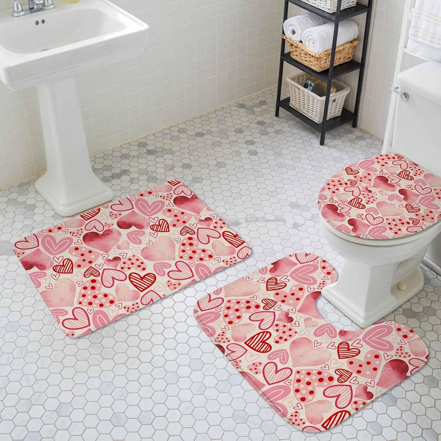 Valentine's Day Bathroom Rug Sets 3 Piece, Non Slip Bath Mat, Romantic Light Pink Loves Polka Dot Absorbent Floor Mats Bath Rugs with U-Shaped Contour Rug Toilet Lid Cover Bathroom Decor Large