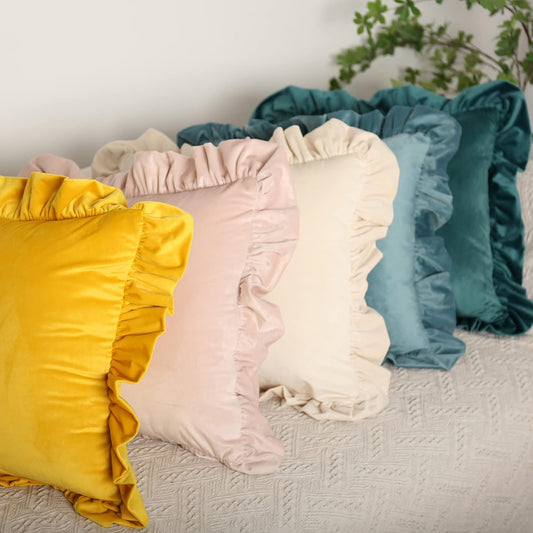 Jemiipee Velvet Ruffle Throw Pillow Covers Couch, Set of 2 Decorative Pillowcases with Ruffles 18x18 Inch Solid Color Shabby Chic Farmhouse Cushion Cover for Living Room Sofa Bed, Light Pink