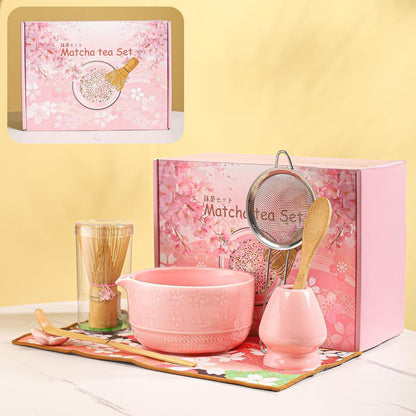 8-Piece Matcha Tea Set with Ceramic Bowls (Flower Pattern), Bamboo Whisk, Scoop, Spoon & Pink Sakura Gift Box – Traditional Japanese Matcha Whisking Kit for Tea Lovers (pink)