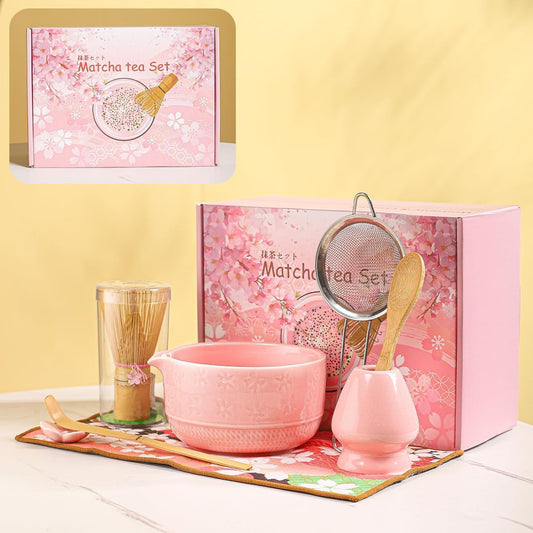 8-Piece Matcha Tea Set with Ceramic Bowls (Flower Pattern), Bamboo Whisk, Scoop, Spoon & Pink Sakura Gift Box – Traditional Japanese Matcha Whisking Kit for Tea Lovers (pink)