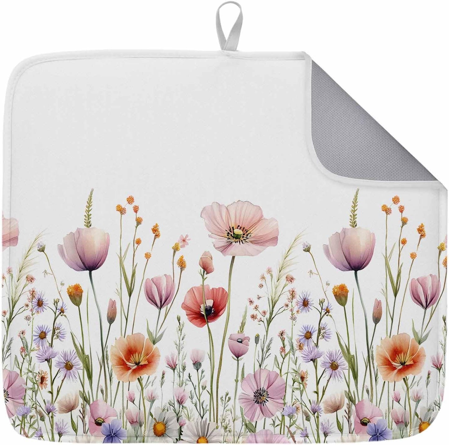 Light Pink Dish Drying Mat 1 Pack, Floral Rustic Wildflower Leaf Spring Blossom Absorbent Heat Insulating Kitchen Drying Pad Drainer Mats for Sink Counter Dishes 18 X 24 Inch