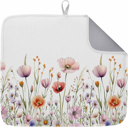 Light Pink Dish Drying Mat 1 Pack, Floral Rustic Wildflower Leaf Spring Blossom Absorbent Heat Insulating Kitchen Drying Pad Drainer Mats for Sink Counter Dishes 18 X 24 Inch