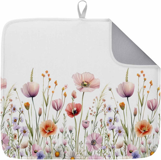 Light Pink Dish Drying Mat 1 Pack, Floral Rustic Wildflower Leaf Spring Blossom Absorbent Heat Insulating Kitchen Drying Pad Drainer Mats for Sink Counter Dishes 18 X 24 Inch