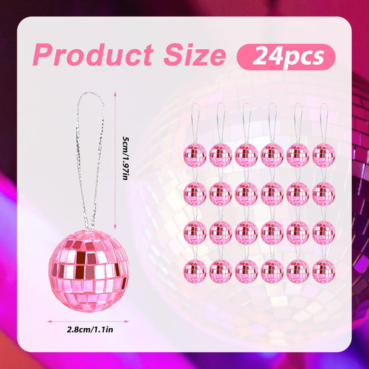 24pcs Hanging Disco Ball Party Decor, 1.1 Inch Mini Mirror Disco Balls Pink Disco Ball Disco Party Decorations Disco Ball Ornaments for Christmas Tree Halloween Holiday Birthday Party Wedding