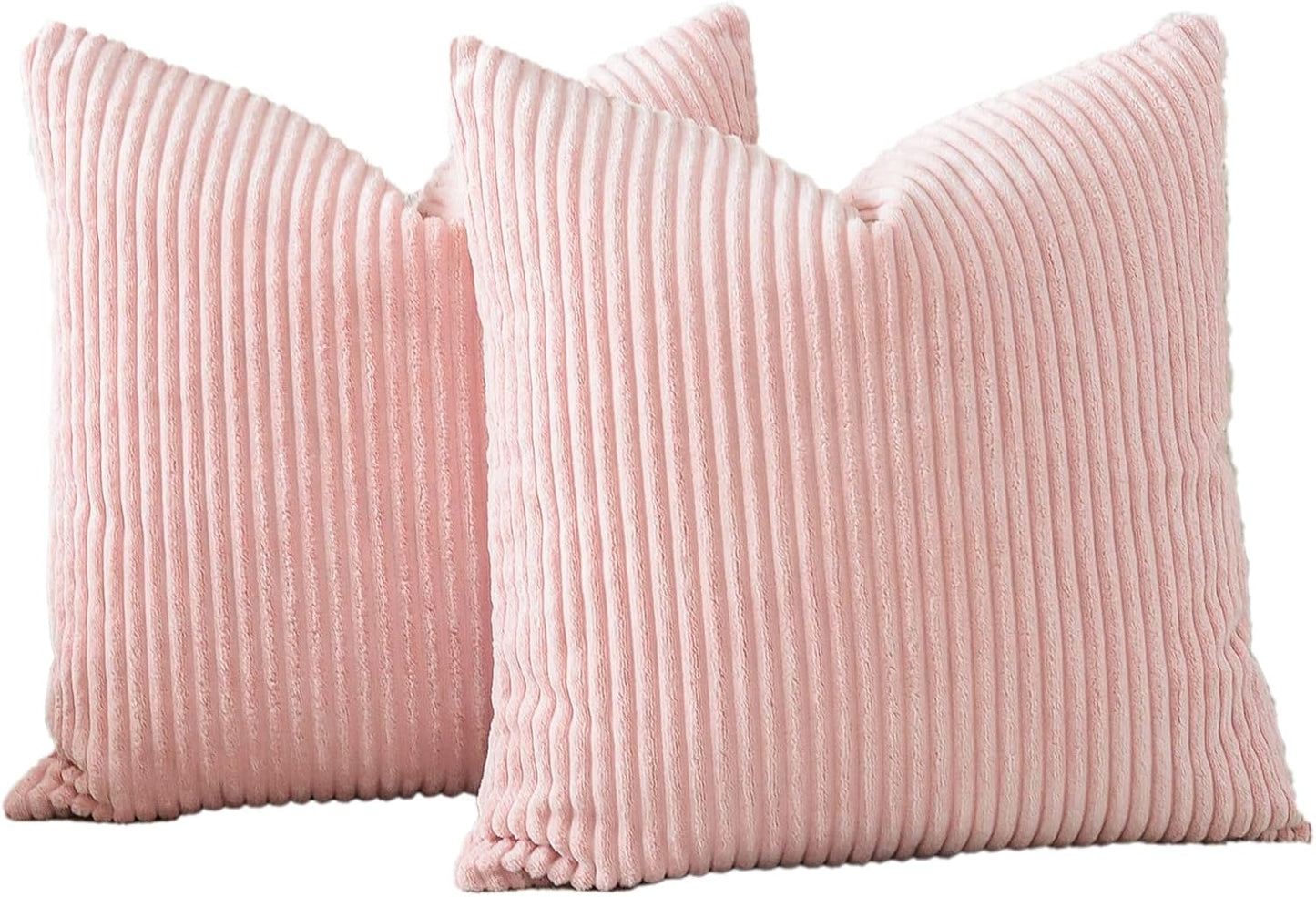 OTOSTAR Pack of 2 Throw Pillow Covers 18 x 18 Inch Soft Corduroy Decorative Square Solid Striped Cushion Case Couch Farmhouse Home Boho Decor Throw Pillows for Sofa Bed Living Room (Pink)
