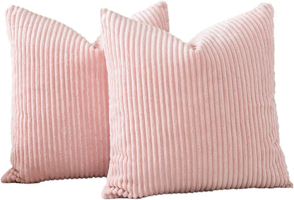 OTOSTAR Pack of 2 Throw Pillow Covers 18 x 18 Inch Soft Corduroy Decorative Square Solid Striped Cushion Case Couch Farmhouse Home Boho Decor Throw Pillows for Sofa Bed Living Room (Pink)