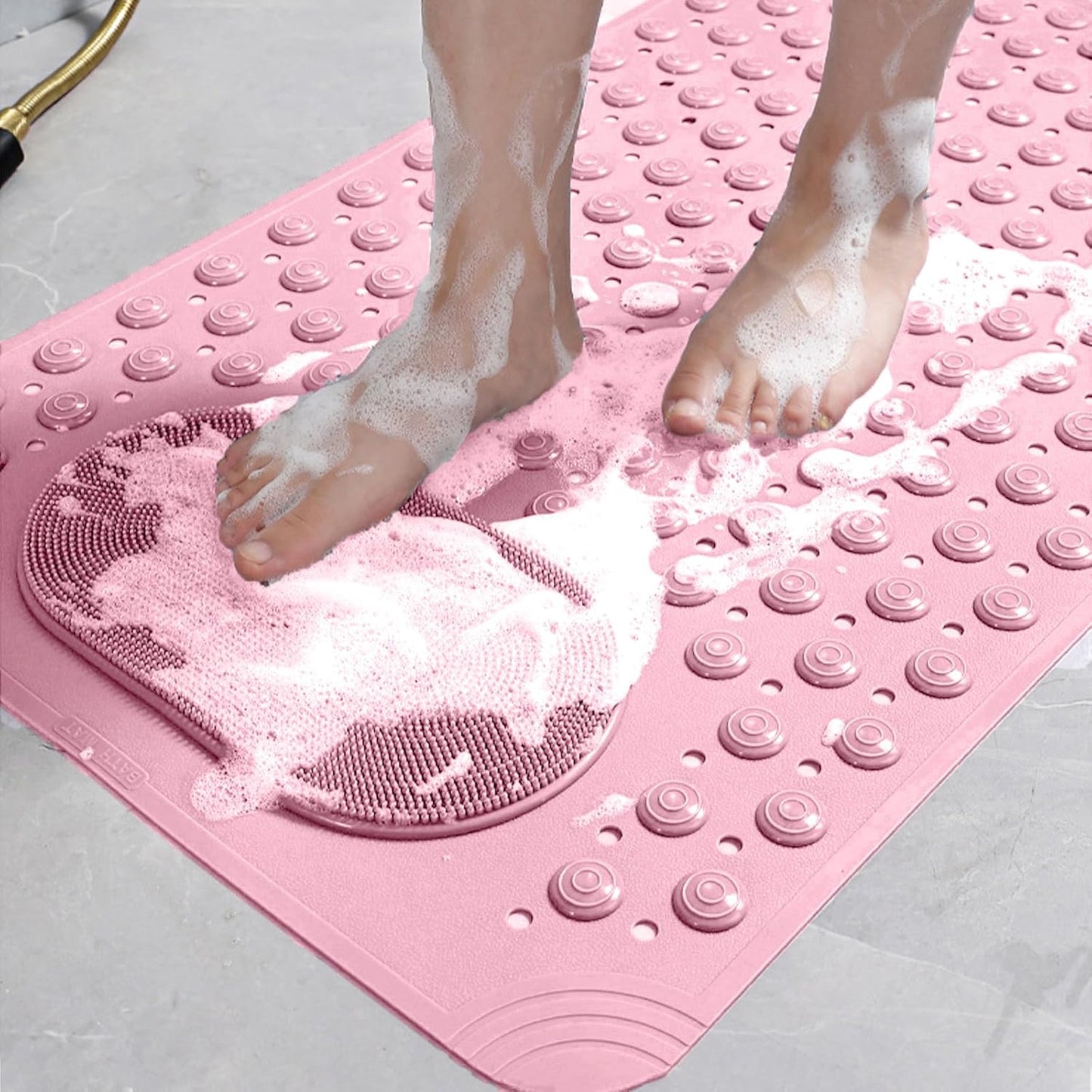 Bath Tub Shower Mat, 27x14 inch Non Slip Bathtub Mat with Suction Cups, Anti Slip Shower Mat with Drain Holes Suction Cups,Shower Foot Scrubber Mat, Foot Massage BathMat (Pink)