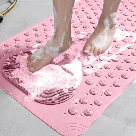Bath Tub Shower Mat, 27x14 inch Non Slip Bathtub Mat with Suction Cups, Anti Slip Shower Mat with Drain Holes Suction Cups,Shower Foot Scrubber Mat, Foot Massage BathMat (Pink)
