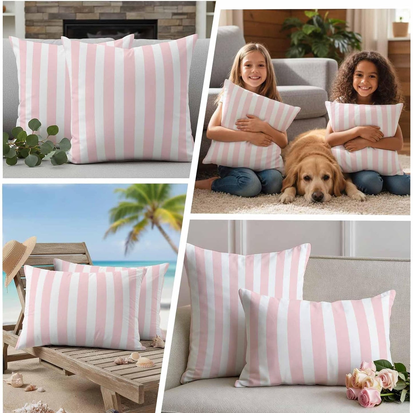Outdoor Pillow Covers 18x18 Set of 2 Pink Stripes Outdoor Pillows Waterproof Throw Pillow Covers Pink White Vertical Striped Pillowcases Decorative Case for Patio Cushion