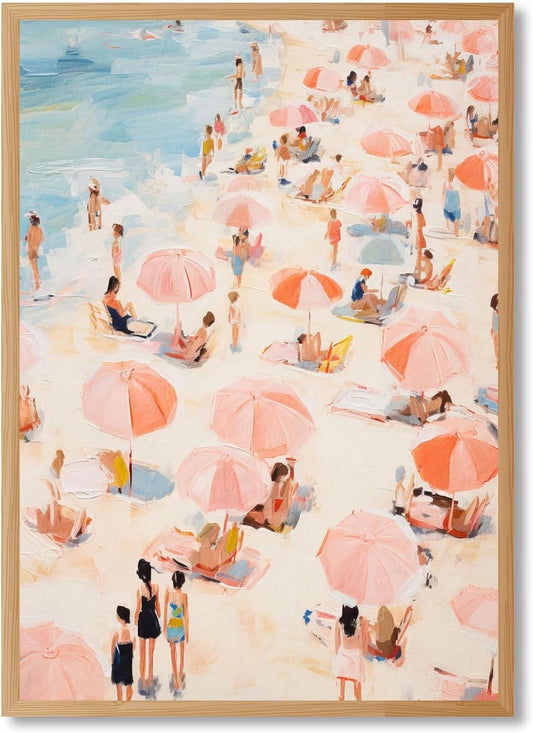 Framed Pastel Pink Beach Painting Wall Art Vintage Coastal Impressionist Umbrella Scene Poster Colorful Seaside Canvas Prints Summer Ocean Wall Decor for Living Room Bedroom 8x12inch
