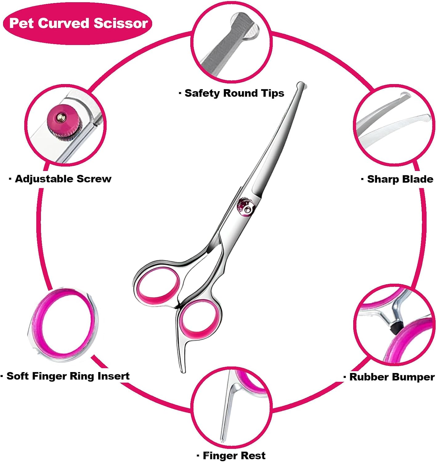Dog Grooming Scissor, 7-in-1 Pet Grooming Scissor for Dogs, Professional Dog Grooming Kit with Safety Round Tips, Titanium Coated Cat Scissors Kit for Home Grooming (Pink)