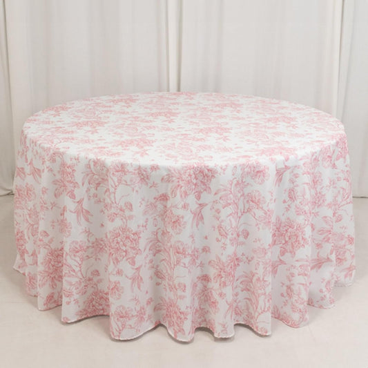 Efavormart Polyester Round Tablecloth 120" White with Pink French Toile Pattern - Sophisticated Table Cover for Chic Weddings & Events