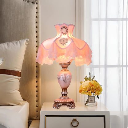Pink Resin Table Lamp European Princess Desk Light Cerative Lace Fabric Lampshade with Resin Lamp Body Beside Lamp for Bedroom Living Room Study Room Nursery Room