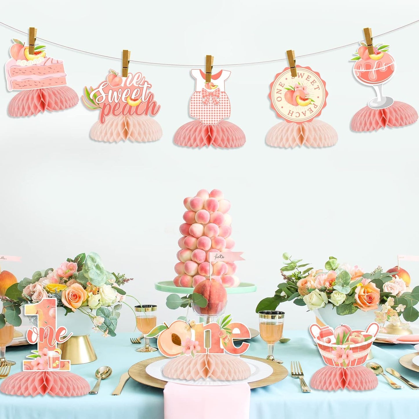 Peach Honeycomb Centerpieces Decorations - Peach First Birthday Decorations Girl, Double-Sided Printing One Sweet Peach Honeycomb Centerpiece for Fruit Themed Birthday Party