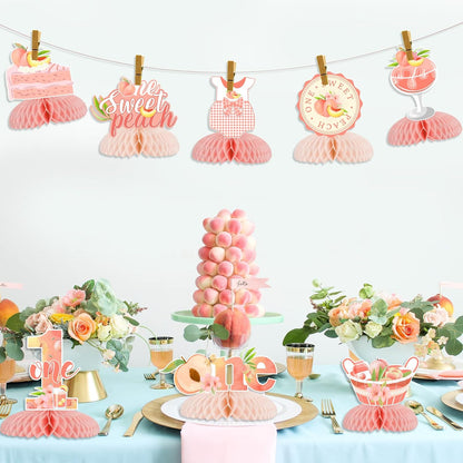 Peach Honeycomb Centerpieces Decorations - Peach First Birthday Decorations Girl, Double-Sided Printing One Sweet Peach Honeycomb Centerpiece for Fruit Themed Birthday Party