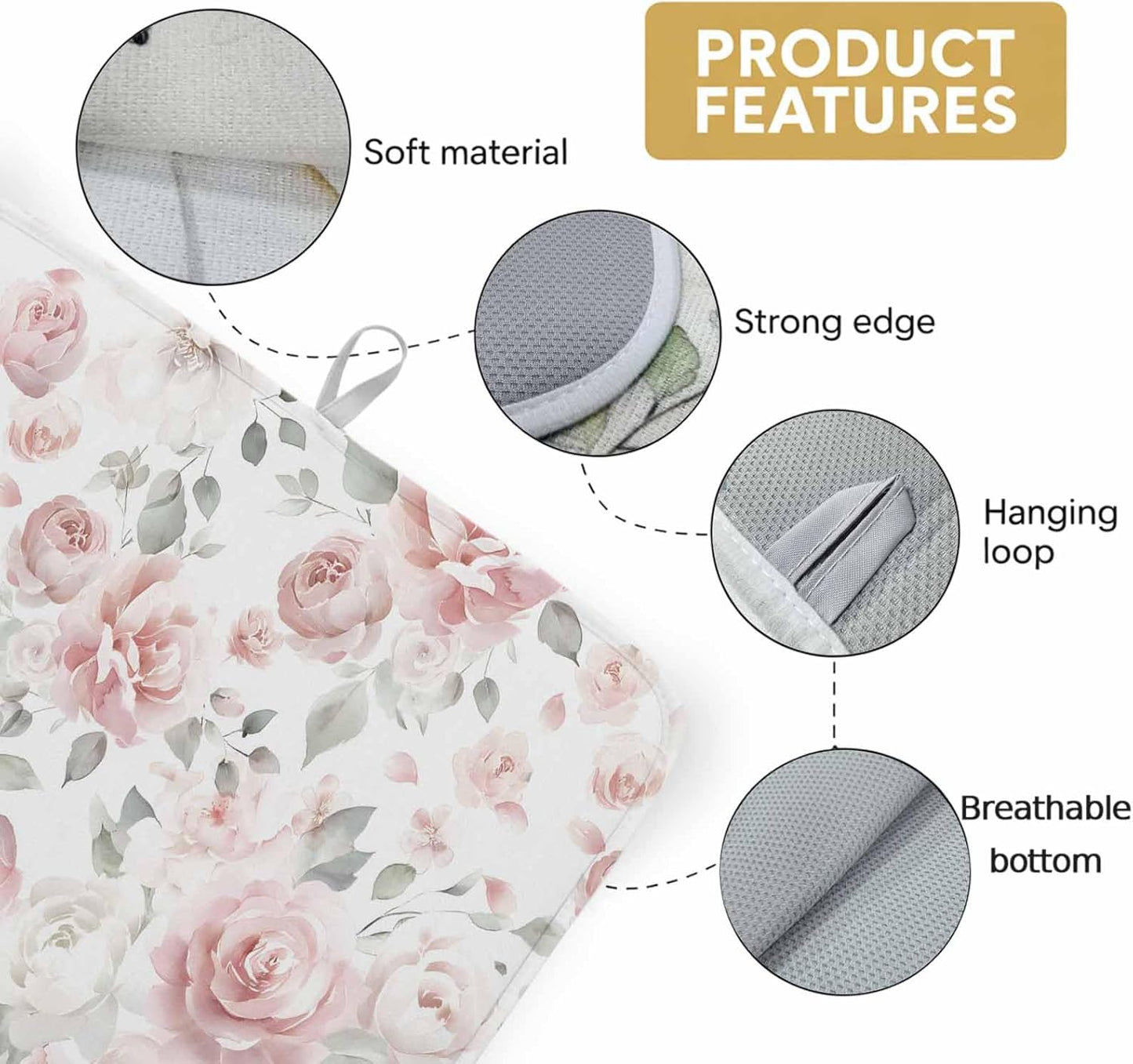 Light Pink Flowers Dish Drying Mat 1 Pack, Gray Leaf Spring Floral Farm Plant Absorbent Heat Insulating Kitchen Drying Pad Drainer Mats for Sink Counter Dishes 16 X 18 Inch