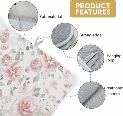 Light Pink Flowers Dish Drying Mat 1 Pack, Gray Leaf Spring Floral Farm Plant Absorbent Heat Insulating Kitchen Drying Pad Drainer Mats for Sink Counter Dishes 16 X 18 Inch