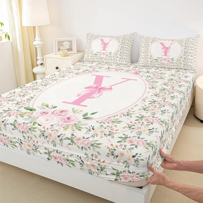 Erosebridal Letter Y Fitted Sheet Twin Size Peach Blossom Bed Sheets Kawaii Girly Bowknot Coquette Bedding Set for Kids Girls WomenPreppy Princess Bow Cute Fashion Sheets