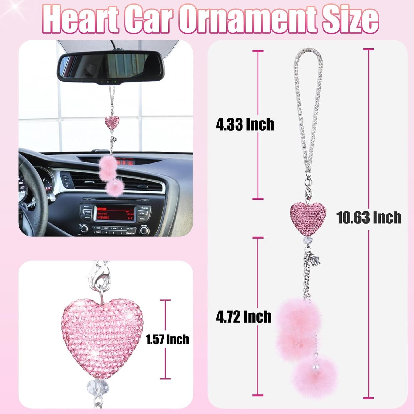 Bling Car Hanging Ornament, Bling Car Mirror Accessories for Women, Diamond Heart and Fuzzy Plush Ball, Car Accessories Hanging, Rear View Mirror Hanging Charm Pendant (Pink Heart, Pink Fluff)